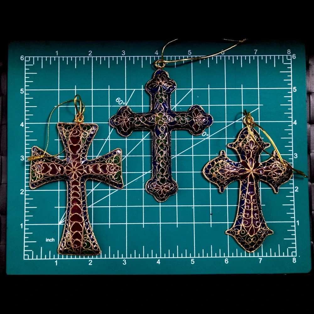 Vintage Plique a Jour CLOISONNE Enamel Stained Glass Floral Cross Ornaments